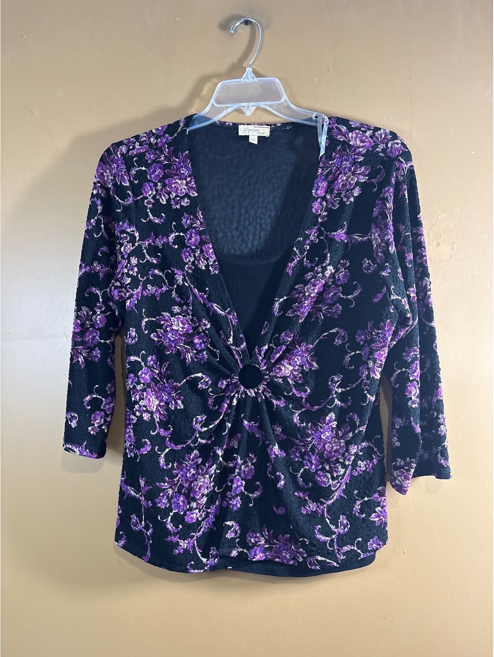 HC1160 Choices Woman Black and Purple Floral Velvet Blouse Size XL